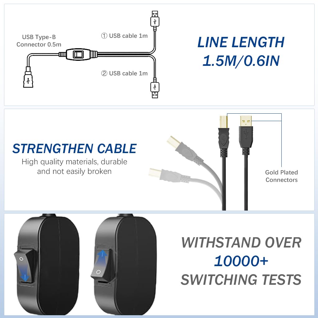 Verilux® 5FT Printer Cable with Switcher, Dual USB to USB-B Printer Cable for Two Computers Nylon Gold Plated Printer Cable for HP, Canon, Dell, Epson, Lexmark, Xerox, Samsung and More Verilux® 5FT Printer Cable with Switcher, Dual USB to USB-B Printer Cable for Two Computers Nylon Gold Plated Printer Cable for HP, Canon, Dell, Epson, Lexmark, Xerox, Samsung and More